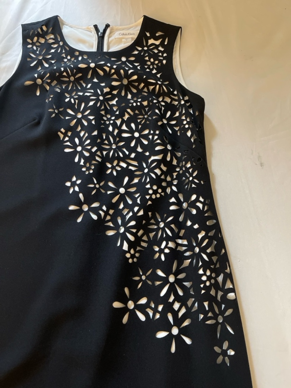 Calvin Klein Black Midi Sheath Dress with Cream Floral Cutouts - Picture 11 of 12